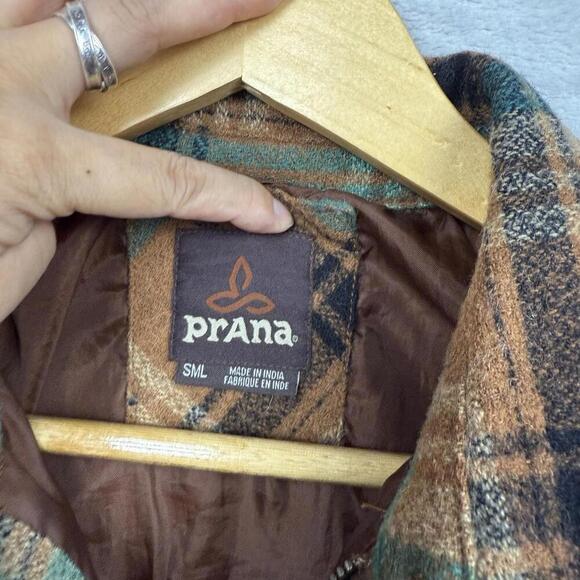 prAna Plaid Flannel Shirt Jacket Brown Green Men Sz S Button Front Lined Casual - Picture 7 of 10